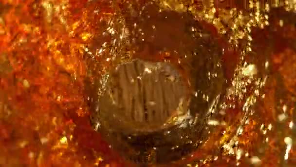Super Slow Motion Shot Golden Alcohol Liquid Spin Glass Bottle — Vídeo de Stock