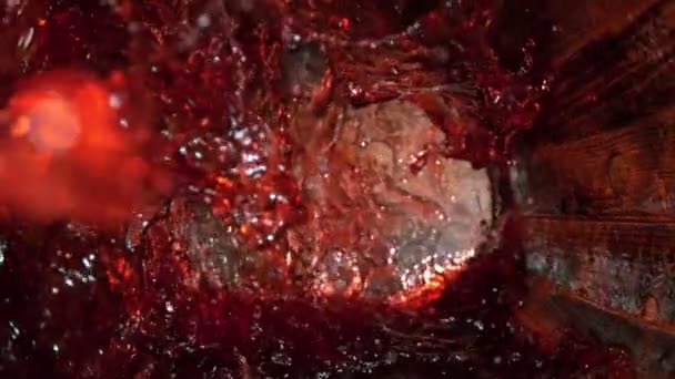 Super Slow Motion Shot Red Wine Splashing Old Oak Wooden — Stock Video