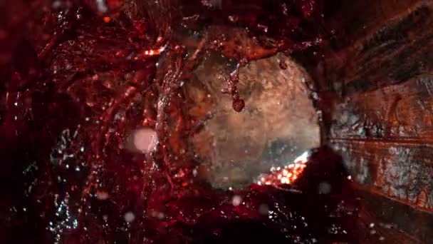 Super Slow Motion Shot Red Wine Splashing Old Oak Wooden — Stock video
