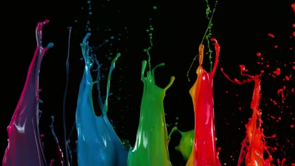 Colorful Paint Splashes Super Slow Motion Isolated Black Background 1000Fps — Stok Video