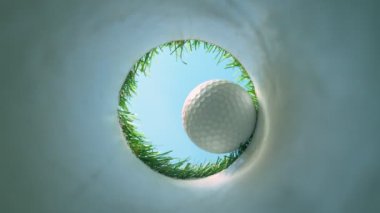 Golf Topu 'nun Delik' ten 1000 fp hızla düşüşünün Süper Yavaş Çekimi. 4K 'da Yüksek Hız Sinema Kamerasında Çekim.