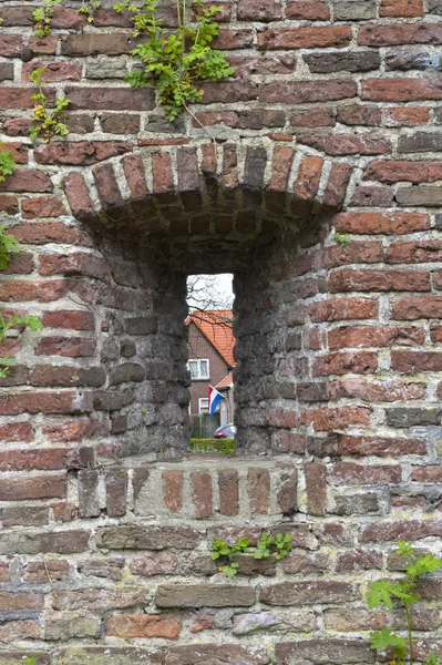 Maas in de wet in verdediging stadsmuur met Nederlandse vlag — Stockfoto