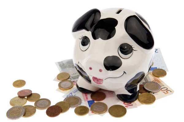 Pig on bed of euro notes and coins — Stock Photo, Image