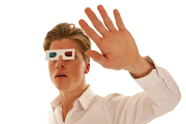 Cara assustado com óculos de filme 3d — Fotografia de Stock