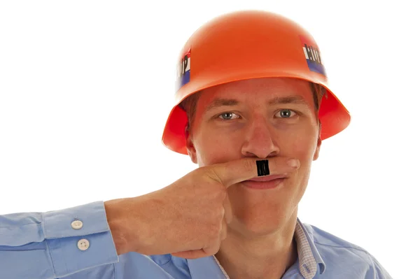 Menino com capacete alemão e bigode — Fotografia de Stock