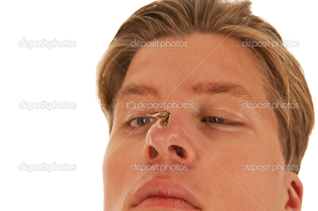 Guy looks squint-eyed to moth on nose