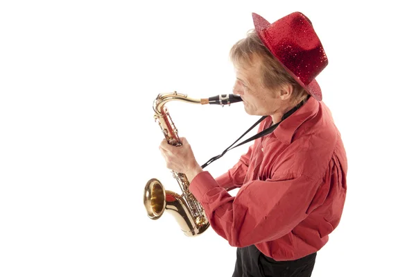 Man playing tenor saxophone from above — Stock Photo, Image