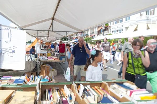 The Deventer book market in the Netherlands on august 3, 2014. The boulevard crowded with people scouring the book stalls. — Stock Photo, Image