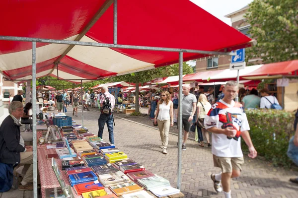 The Deventer book market in the Netherlands on august 3, 2014. The promenade crowded with people scouring the book stalls. — Stock Photo, Image