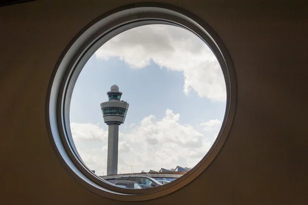 Airport command tower in see through window — Stock Photo, Image