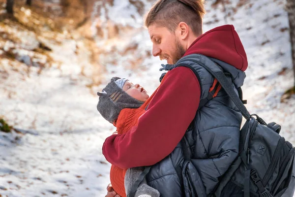 Lifestyle Portrait Father His Baby Son While Walking Outdoor — Stock Photo, Image