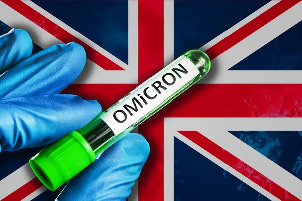 United Kingdom Outbreak Omicron Variant Hand Blue Rubber Glove Holds — Fotografia de Stock