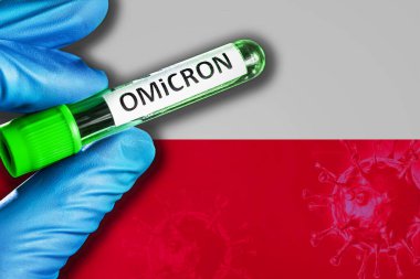 Polonya 'daki Omikron salgını. Mavi lastik eldivenli bir el Polonya bayrağının önünde üzerinde covid-19 virüsü olan bir tüp tutuyor. Omicron varyant salgını kavramı