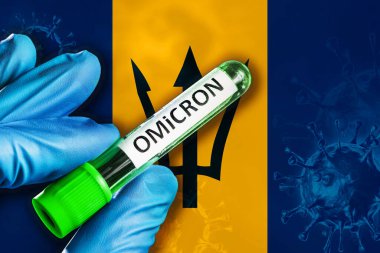 Omikron varyantının Barbados salgını. Mavi lastik eldivenli bir el Barbados bayrağının önünde üzerinde covid-19 virüsü olan bir tüp tutar. Omicron varyant salgını kavramı