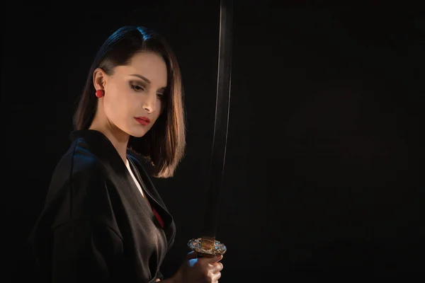 Portrait Pensive Young Warrior Woman Asian Sword — Foto Stock