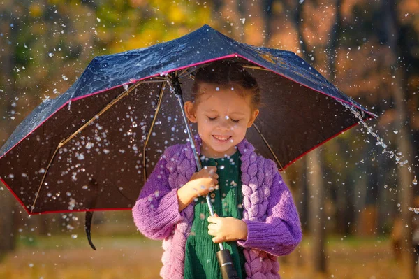 Girl Umbrella Mushroom Rain Autumn Park — Stock Photo, Image