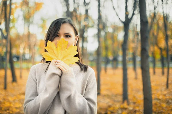 Gri Kazaklı Genç Bir Kadın Sonbahar Sarısı Bir Akçaağaç Yaprağı — Stok fotoğraf