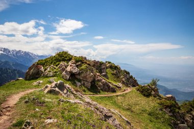 Mountain travel trail in the mountains of Middle Asia in Kazakhstan, the Tien Shan mountain range near of Almaty city.