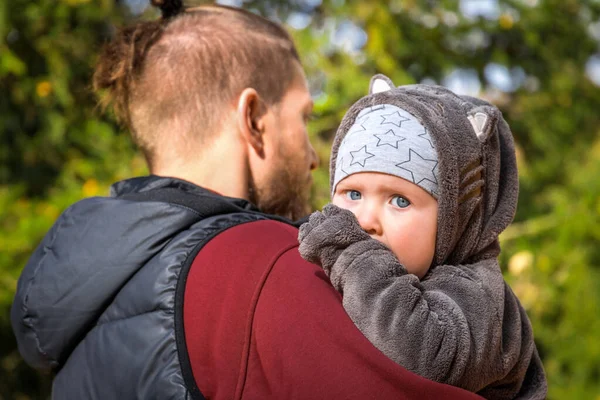 Portrait Father Baby Son Nature Background Caucasian Man Holding His — Stockfoto