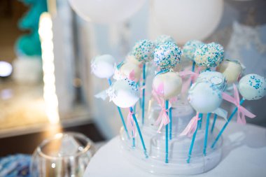 Candy bar in blue colors at a childrens birthday party.