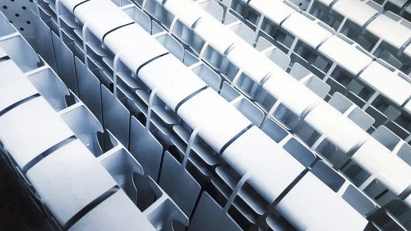 Many White Aluminum Bimetal Heating Radiators Stand Next Each Other — Stok fotoğraf