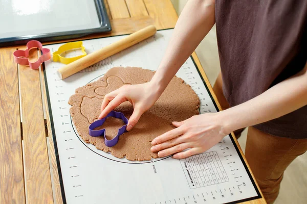 View Woman Hands Cooking Homemade Cookies Rolled Gingerbread Dough Culinary — Stock Fotó