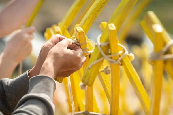 Assembling Yurt Stage Tying Kerege Uluki — Photo