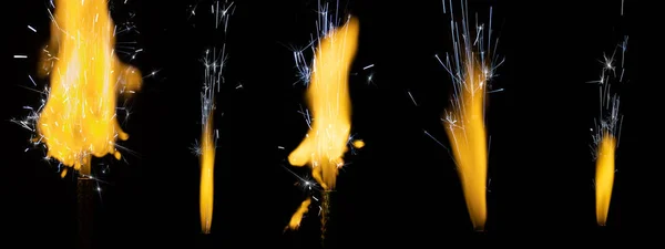 Set Verschiedener Düsenfeuer Mit Funken Auf Schwarzem Hintergrund Für Overlay — Stockfoto