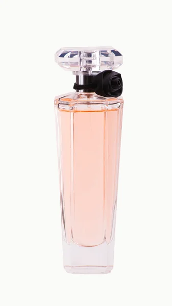 Garrafa de perfume whith rosa preta isolado em branco — Fotografia de Stock