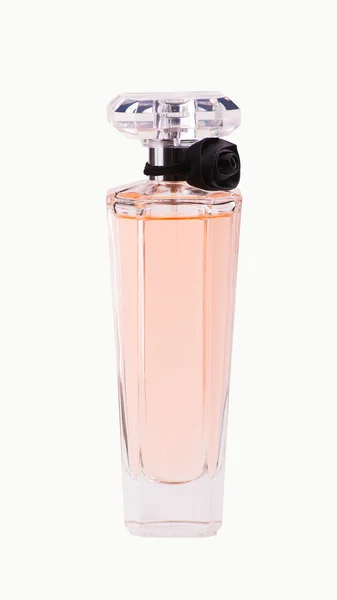 Bottiglia di profumo whith rosa nera isolata su bianco Fotografia Stock
