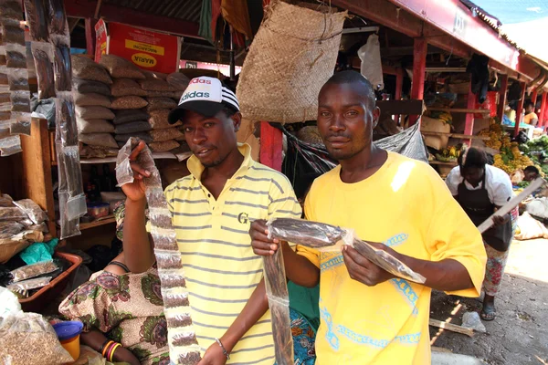 Krydda leverantörer visar varor i Afrika Stockbild