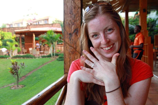 Smiling Woman with String Engagement Ring — Stock Photo, Image