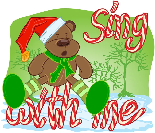 Illustrazione vettore di simpatico orso bruno in cappello rosso di Babbo Natale isolato e tipo di caramelle — Vettoriale Stock