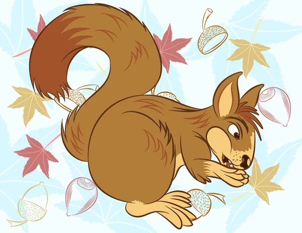 Vector εικονογράφηση του χαριτωμένο κινούμενα σκίουρος γλιστρήσει επάνω στους ξηρούς καρπούς. — Διανυσματικό Αρχείο