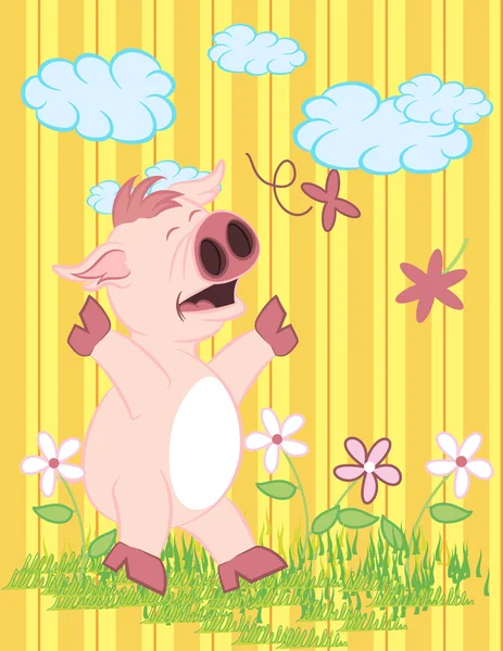 꽃과 구름과 귀여운 돼지의 일러스트 벡터. — 스톡 벡터