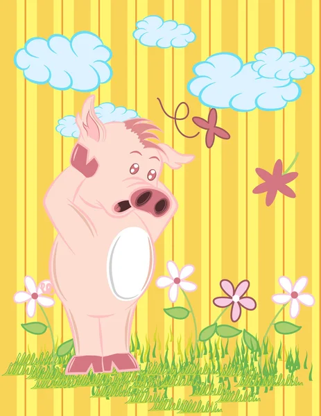 Illustrazione vettore di maiale carino con fiori e nuvole . — Vettoriale Stock
