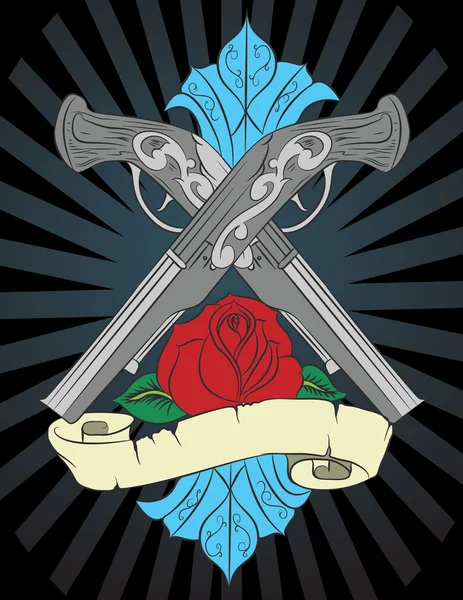 Illustration vectoriel tatouage Rosea et ruban avec pistolet . — Image vectorielle