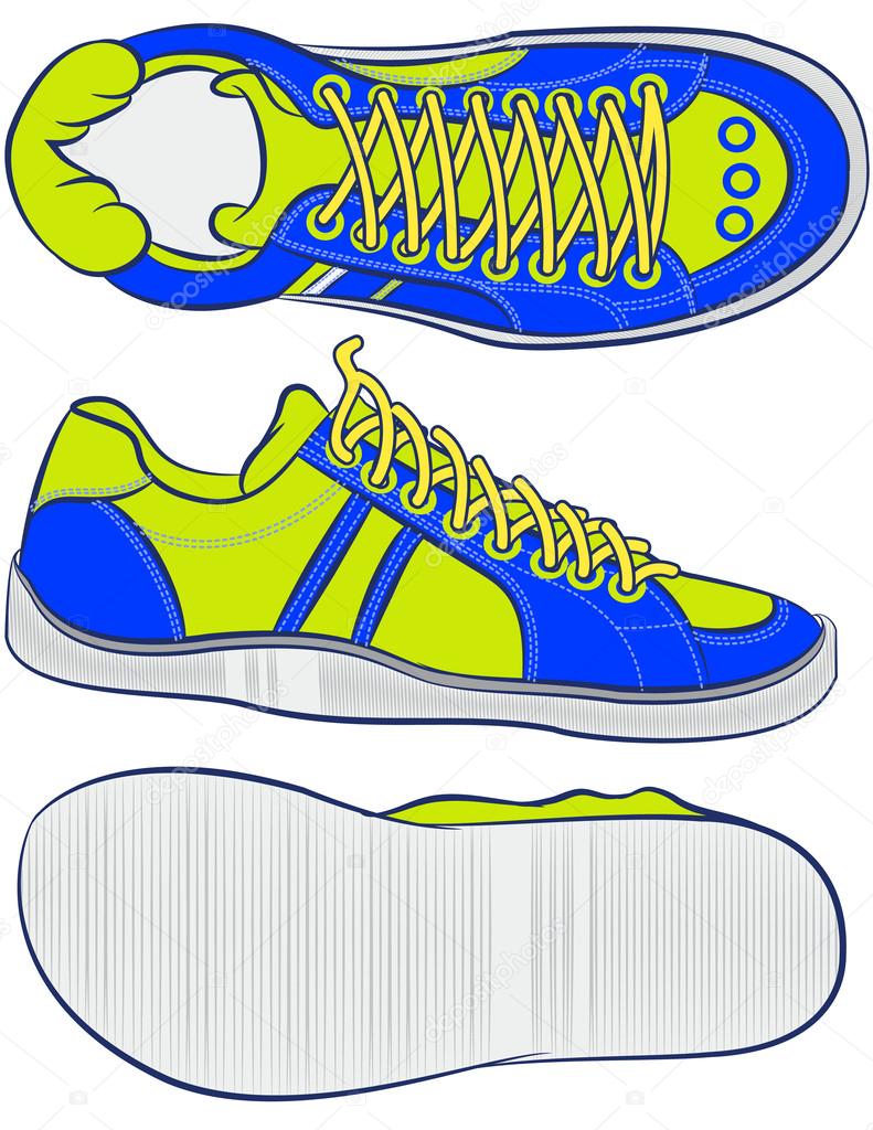 Pair of green sneakers on the white background drawn in a sketch style. One gumshoe lying on the side. Vector illustration.