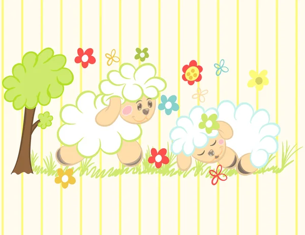 Illustration Vektor von niedlichen Schafen mit Freunden und Blumen — Stockvektor