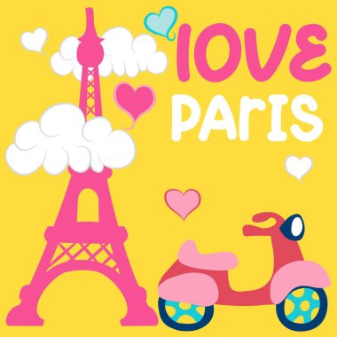Komik renkli motosiklet ve Eyfel Kulesi. Paris 'i seviyorum mesajı.