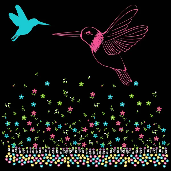 Colibri Mignon Avec Petites Fleurs Colorées Fond Noir — Image vectorielle