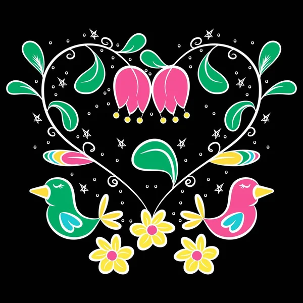 Heart Shaped Tulips Cute Birds Side Sand Black Background — Stock Vector