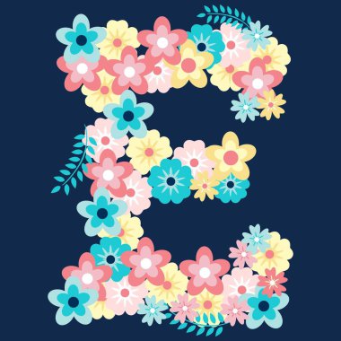 Çiçek ve donanma arkaplanlı E harfi illüstrasyon vektörü