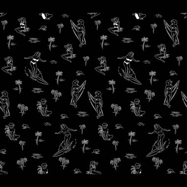 Avuç içi ve siyah arkaplan retro sörf tasarımı ile resimleme deseni