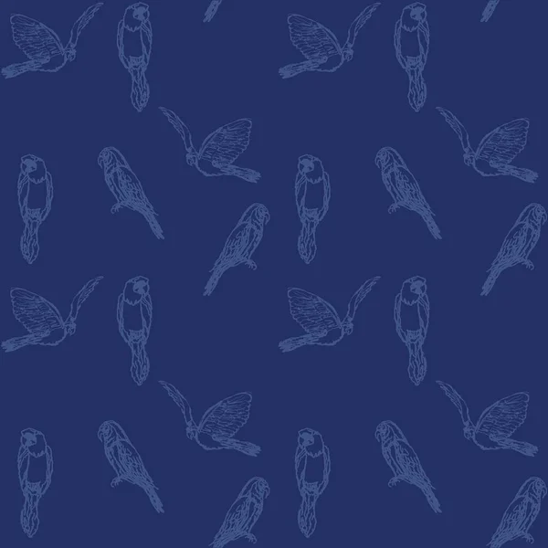 Illustratiepatroon Papegaaien Met Indigo Denim Kleuren Blauwe Achtergrond Mode Stijl — Stockvector