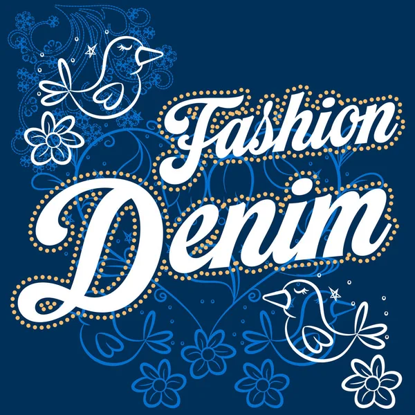 Illustration Vectorielle Texte Mode Denim Colombe Aux Fleurs Motif Printemps — Image vectorielle