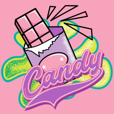 Şekerleme resimli ambalaj ve balçık desenli arka planda çocuklar moda tarzında..