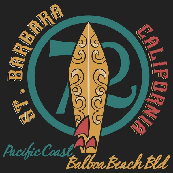 Illustration Numéro Arrière Plan Planche Surf Tribale Texte Barbara Californie — Image vectorielle