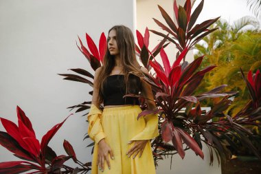 Sarı takım elbiseli ve siyah bluzlu güzel bir esmer kız Dominik Cumhuriyeti 'ndeki bir golf kulübünde tropik kırmızı yaprakların yanında tatilde poz veriyor.