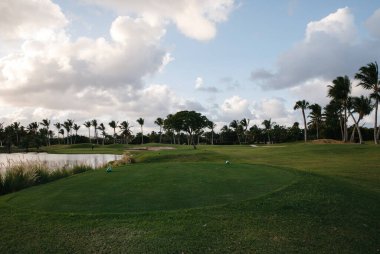 Dominik Cumhuriyeti 'ndeki tropik bir adadaki seçkin bir golf kulübünün inanılmaz manzaraları tilki kuyruğu ve hindistan cevizi palmiyeleri, yeşil yapraklar, tarlalar, göl...